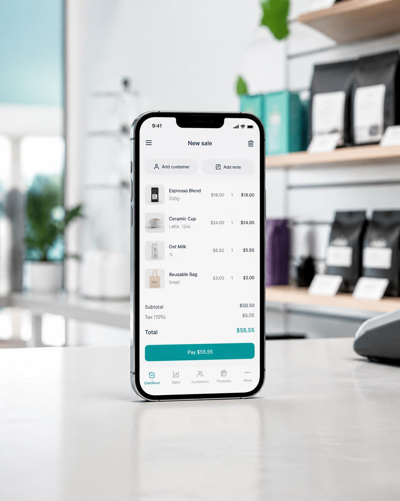 BuffyFlow New Sale screen open on a phone at a shop counter